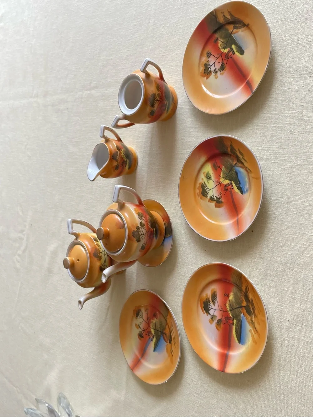 Vintage Japan Hand Painted Lusterware Tea Set Scenic Landscape 11 Piece